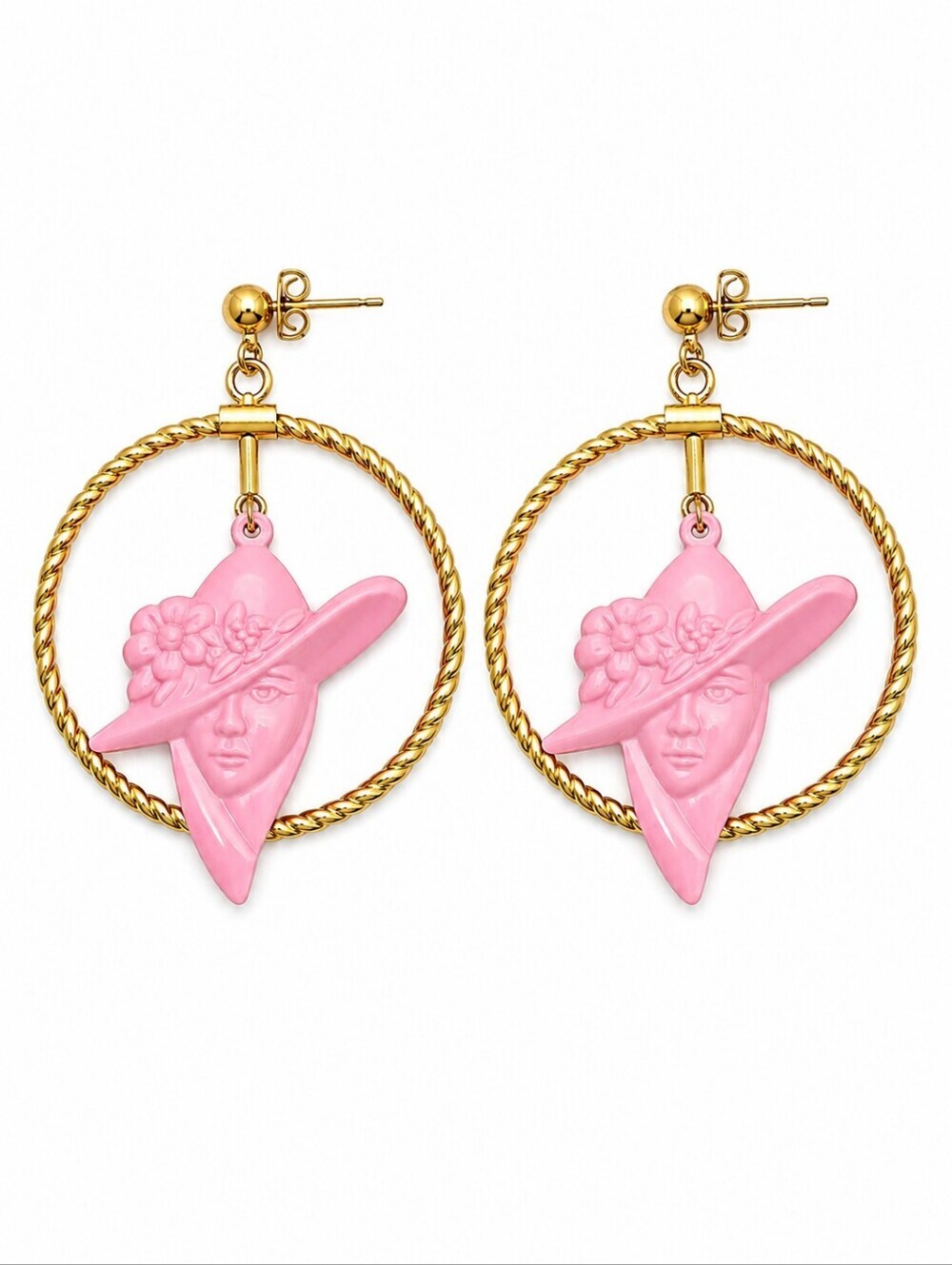 Vintage Pink Lady in Hat Art Nouveau Hoop Statement Earrings